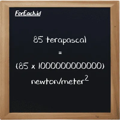 How to convert terapascal to newton/meter<sup>2</sup>: 85 terapascal (TPa) is equivalent to 85 times 1000000000000 newton/meter<sup>2</sup> (N/m<sup>2</sup>)